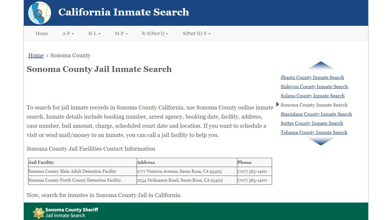 Sonoma County CA Jail Inmate Search
