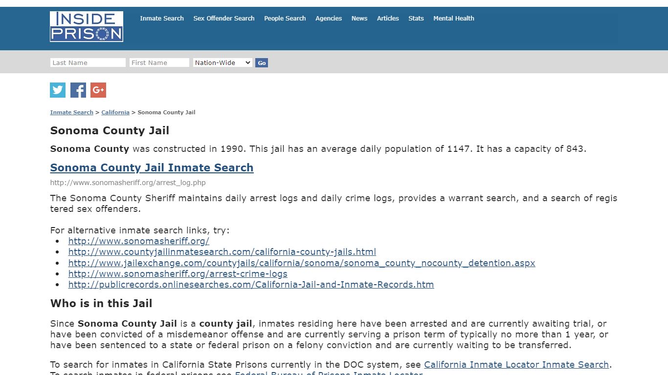 Sonoma County Jail - California - Inmate Search
